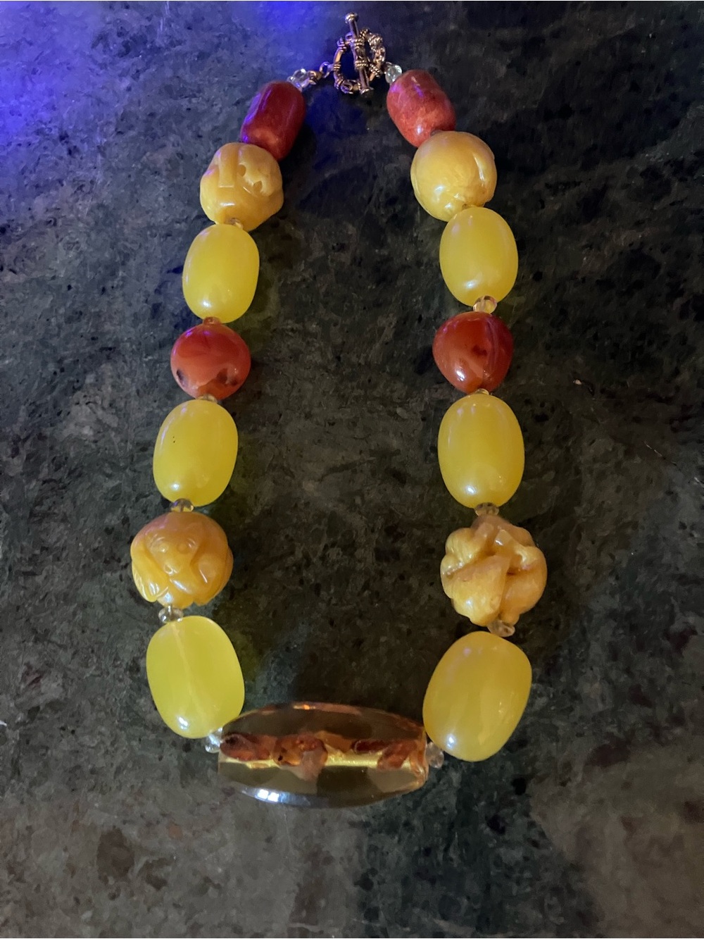 AMBER, CARVED AMBER, CARNELIAN, CORAL END BEADS, CITRINE SPACER BEADS - Picture 3 of 14
